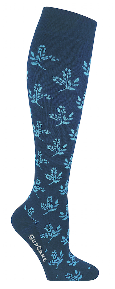 Compression stockings with Bamboo fibers, blue with blue flowers